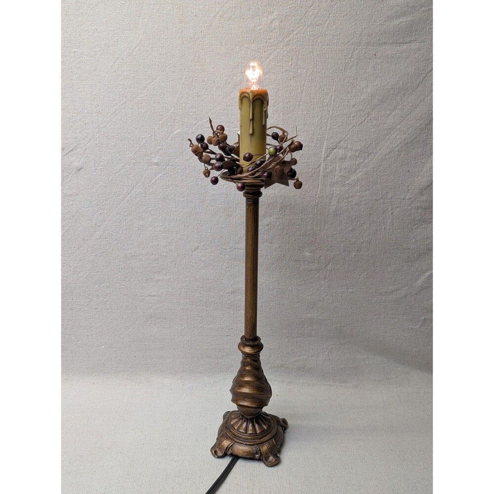 Vintage Primitive Candlestick Table Lamp Electric Christmas Window Pip Berry